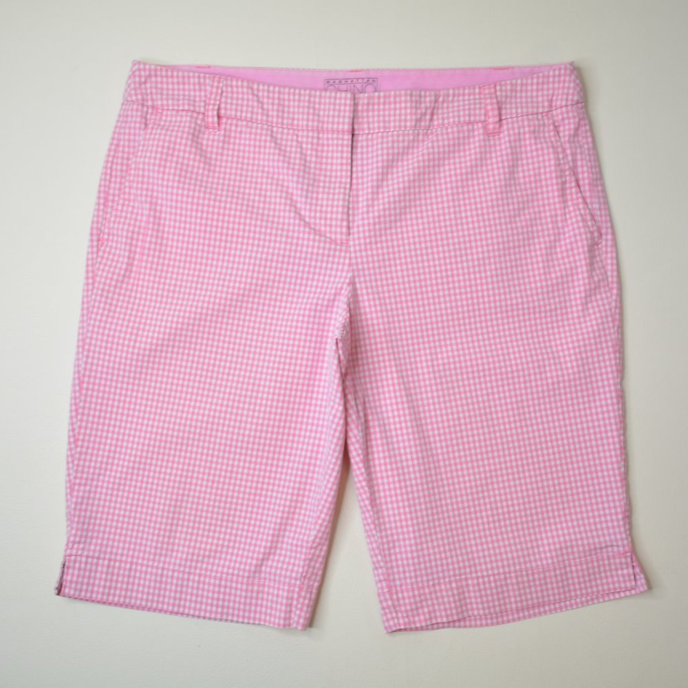New York & Company Size 14 Womens PINK White Check Plaid MANHATTAN CHINO Shorts